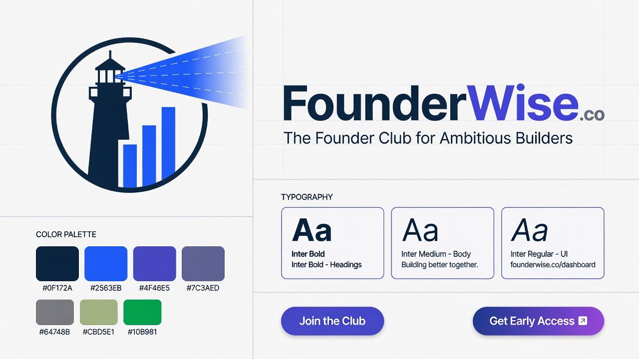 FounderWise brand board — logo, palette, type